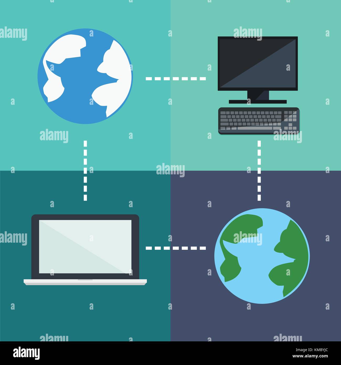 Icone di piana pianeti e collegamento al computer sulla piazza blocco colore Illustrazione Vettoriale