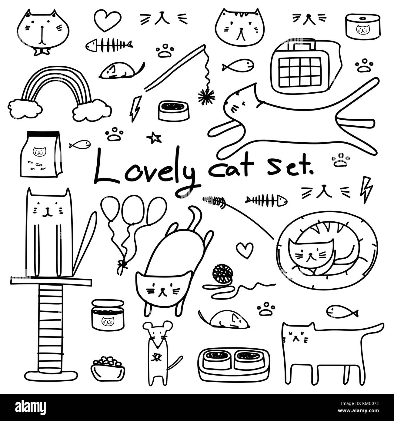 Disegnata a mano doodle vettore gatto grazioso set. cute cat per la confezione regalo. illustrazione vettoriale. Illustrazione Vettoriale