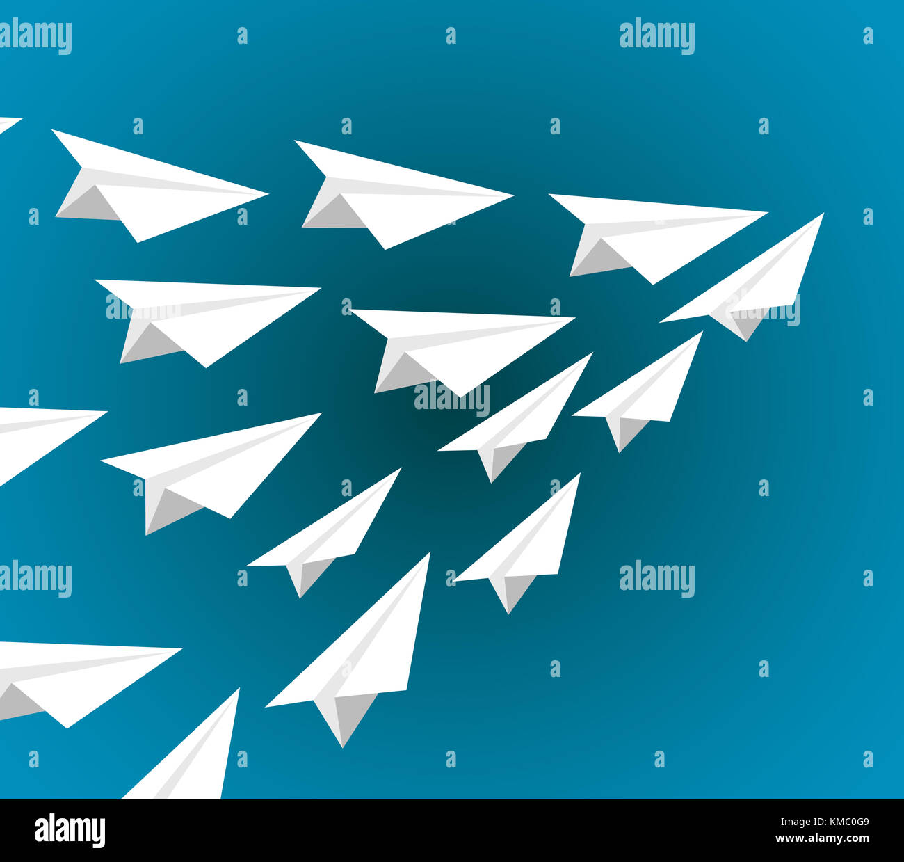 Libro bianco aerei che volano su di una formazione del pattern isolate su uno sfondo blu Foto Stock