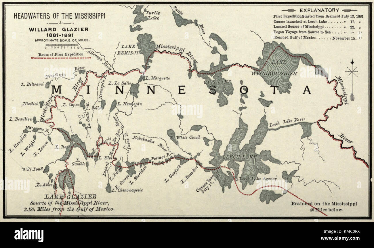 Mappa delle sorgenti del fiume Mississippi, circa 1891 Foto Stock