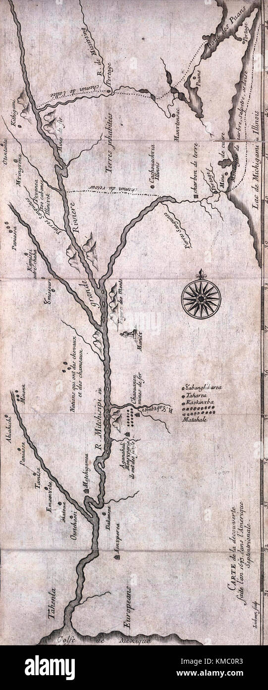 1681 Mappa del fiume Mississippi sistema, basato su 1673 expediton di Jacques Marquette e Louis Jolliet. Questo è uno dei molti primi le mappe realizzate sulla base delle loro descrizioni degli interni del Nord America. Foto Stock