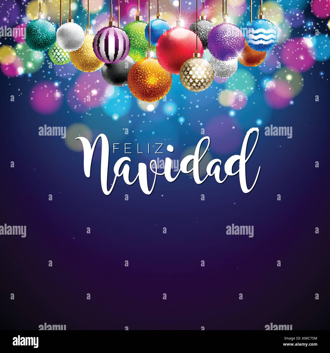 Illustrazione di natale con lo spagnolo Feliz Navidad tipografia e colorati ornamentali sulla sfera blu brillante background. vettore design vacanze per premio biglietto di auguri, invito alla festa o banner promozionali. Illustrazione Vettoriale