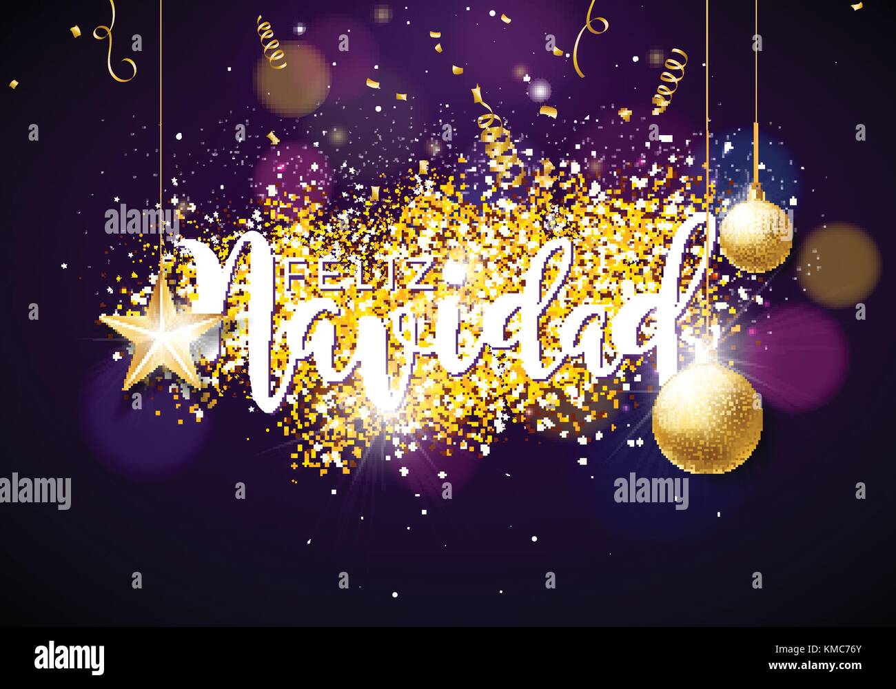 Illustrazione di natale con lo spagnolo Feliz Navidad tipografia, Palla di vetro, coriandoli, serpentine e oro carta ritagliata sulla stella brillante sfondo viola. Il design creativo per il biglietto di auguri o poster. Illustrazione Vettoriale