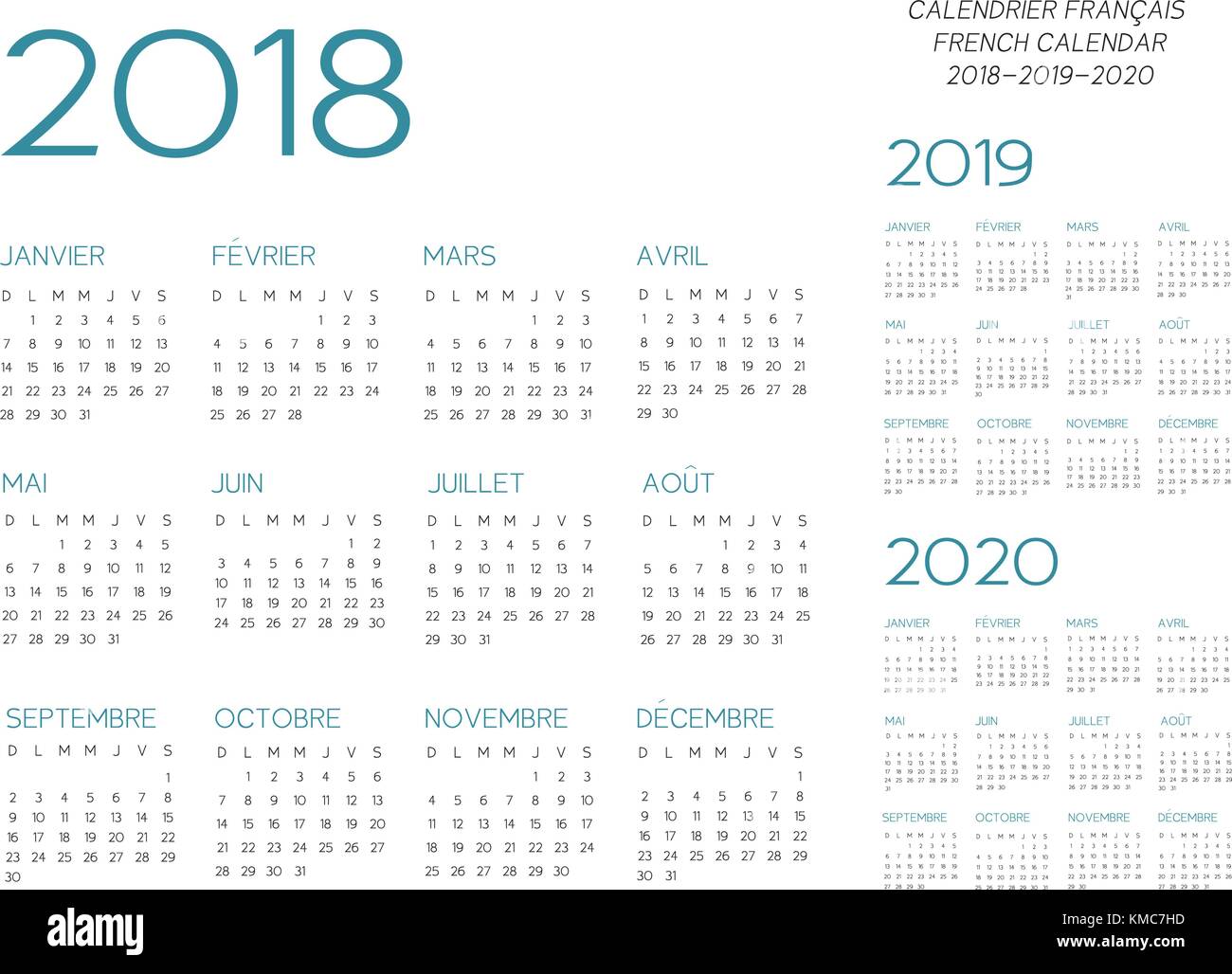 Calendario francese 2018-2019-2020 testo vettoriale è font outline è armata Illustrazione Vettoriale