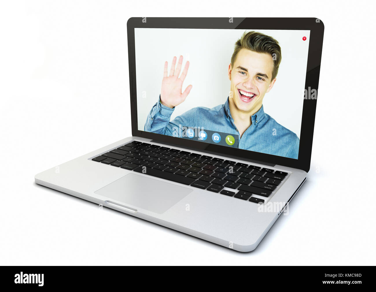 Eseguire il rendering di un 3d del computer generato con il giovane imprenditore bello dire ciao sullo schermo. i grafici dello schermo sono costituiti. Foto Stock