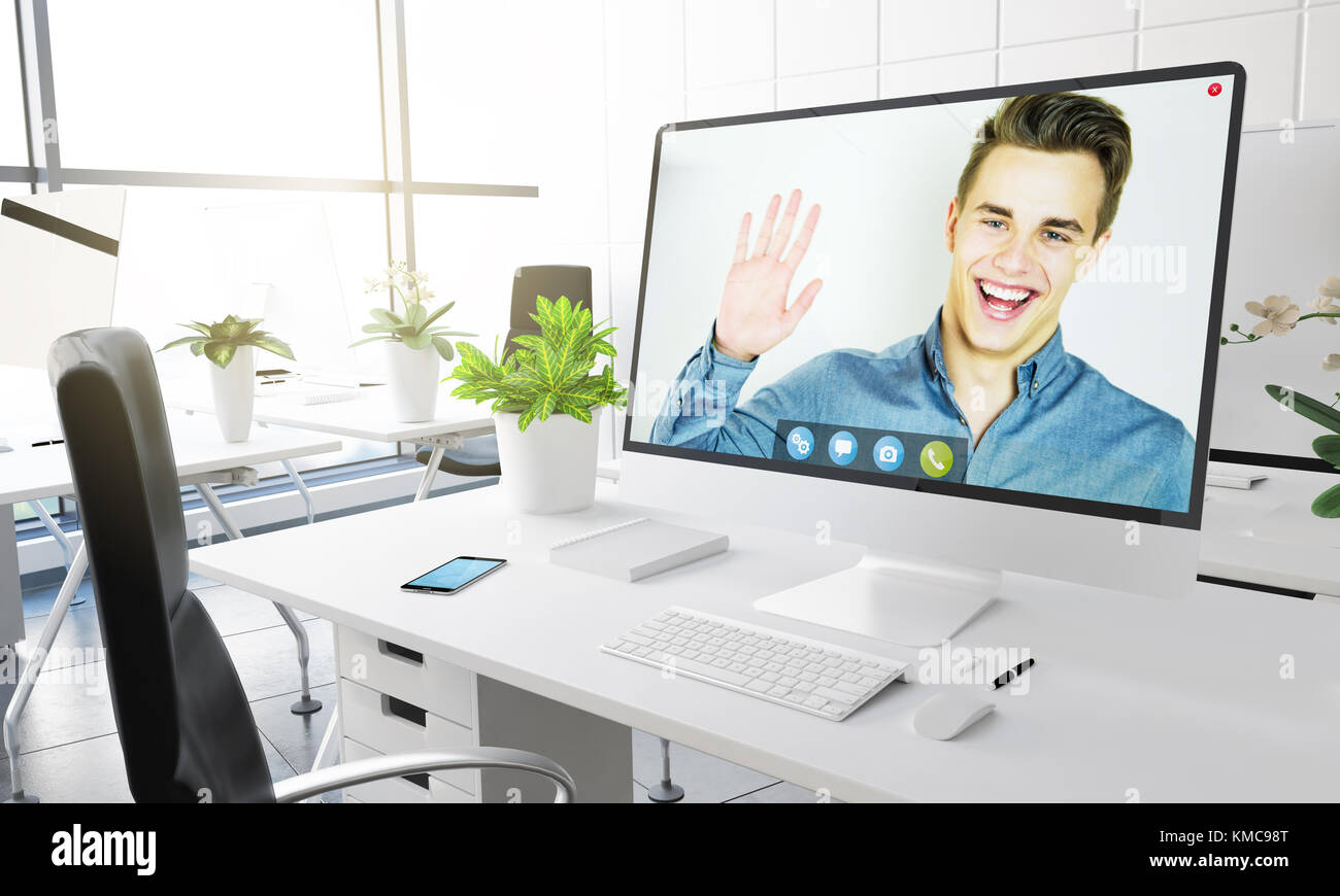 Computer con video chat app presso un ufficio moderno rendering 3D Foto Stock