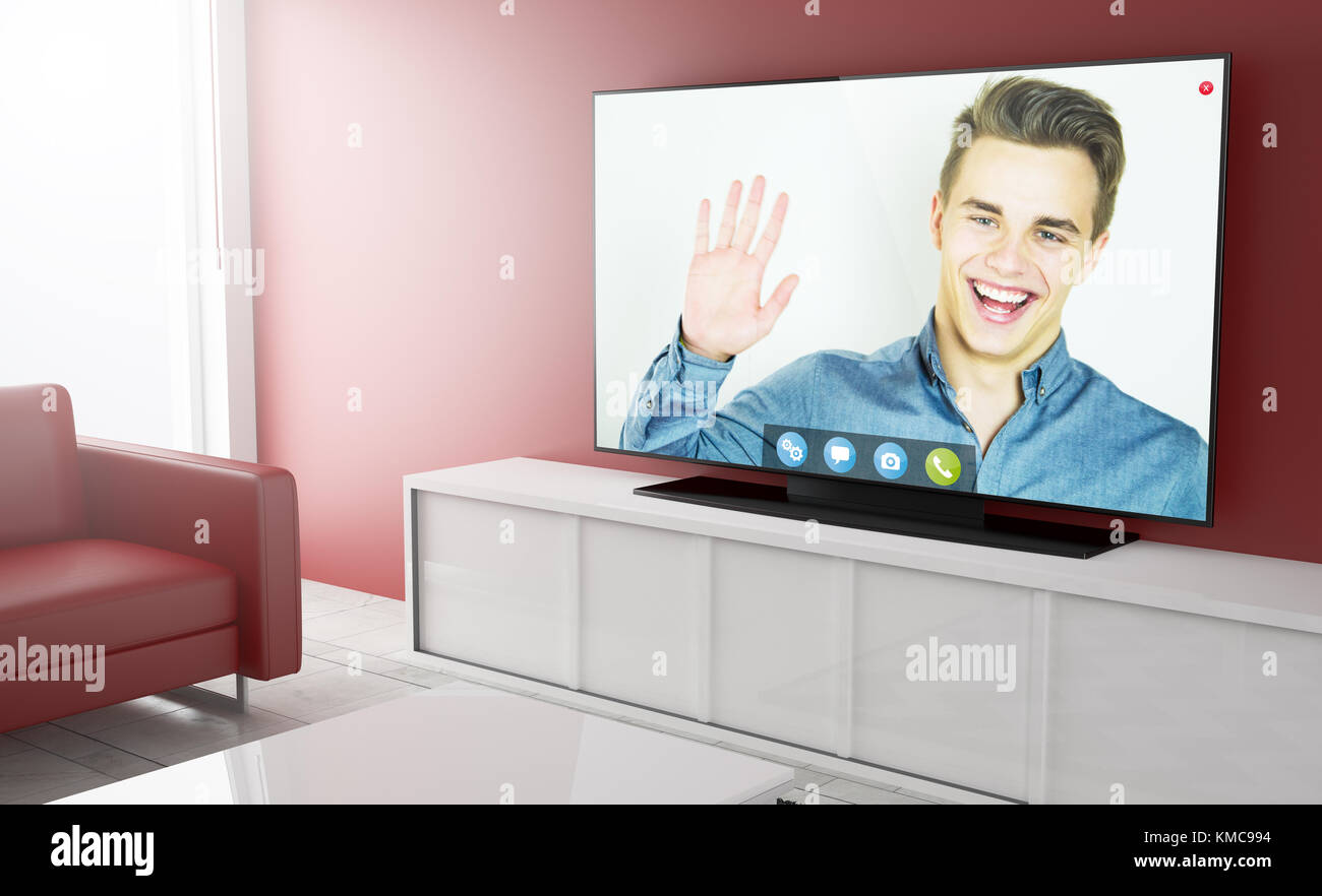 video chat dal vivo su smart tv in salotto. Rendering 3D. Foto Stock