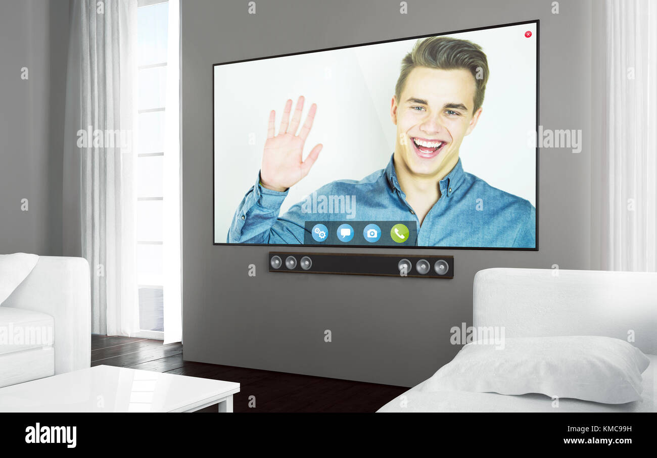 Grande schermo smart tv in soggiorno con la video chat app sullo schermo. Il rendering 3d. Foto Stock