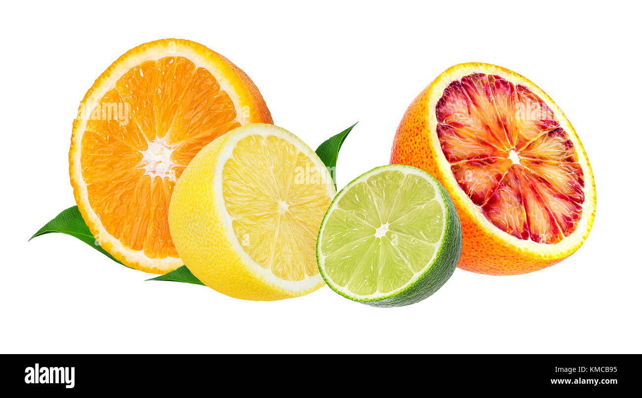 Agrumi set (arancione, calce, limone) isolati su sfondo bianco. Foto Stock