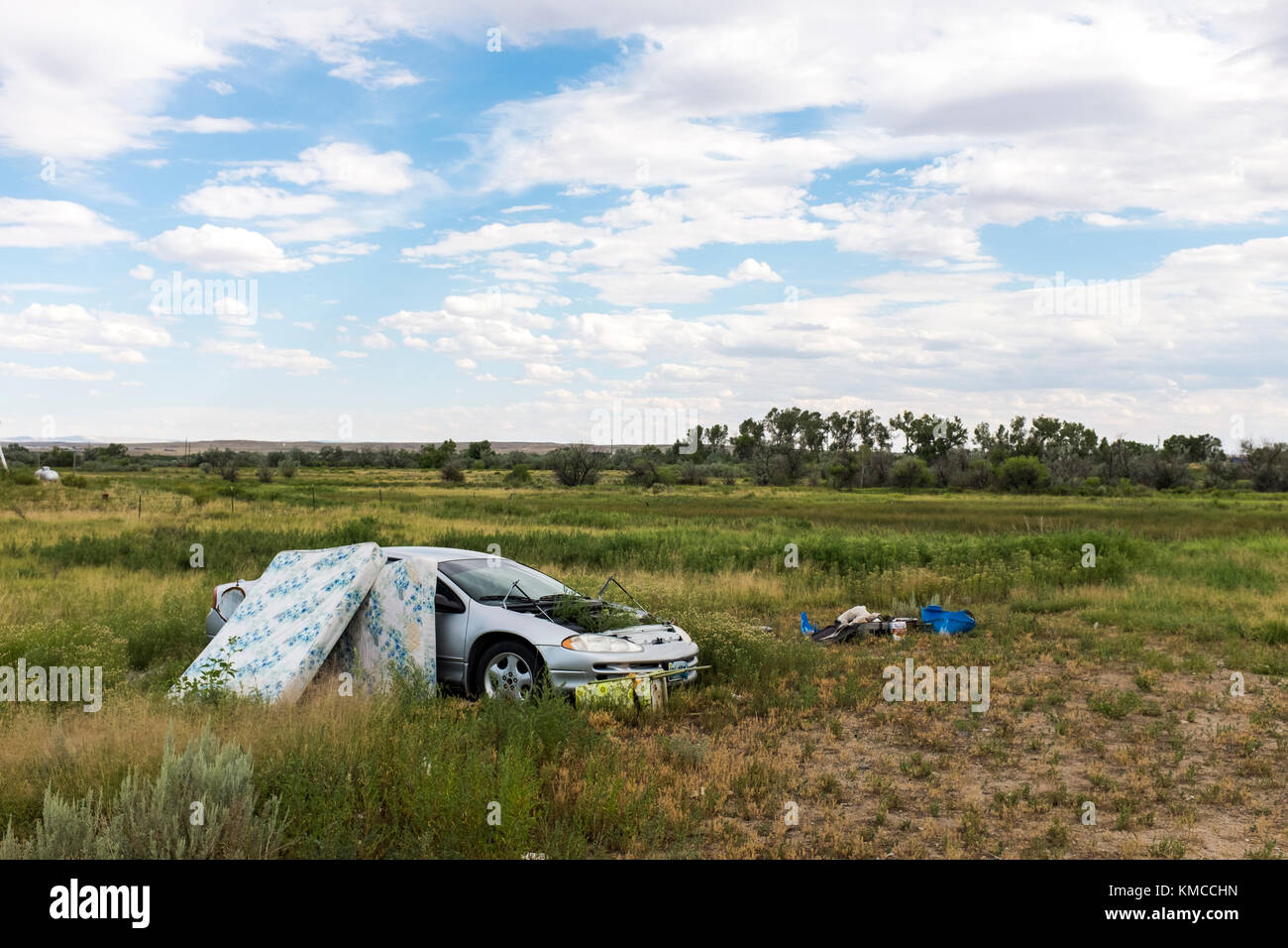 Vecchi materassi appoggiarsi contro un auto abbandonate in un campo Foto Stock