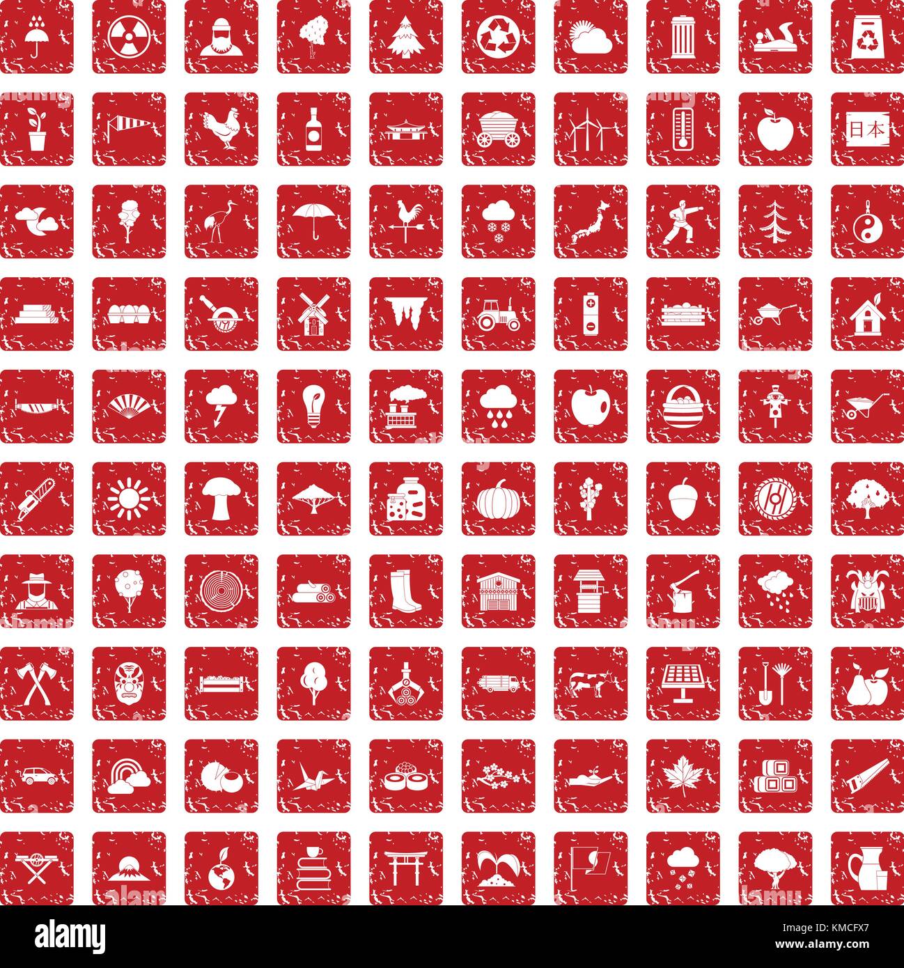 100 albero set di icone grunge red Illustrazione Vettoriale