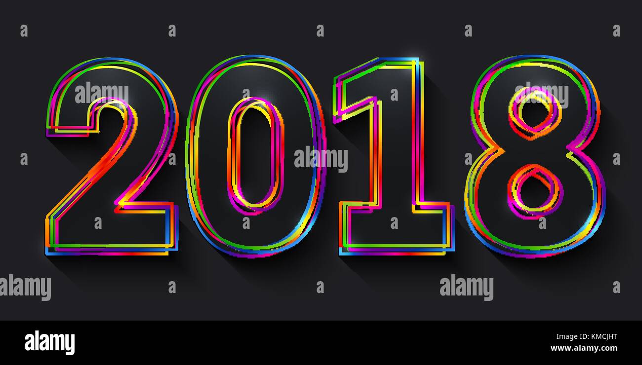 Creative vettoriale felice anno nuovo 2018 design costituito da numeri di nero con colorati contorni multicolore su sfondo nero. Illustrazione Vettoriale