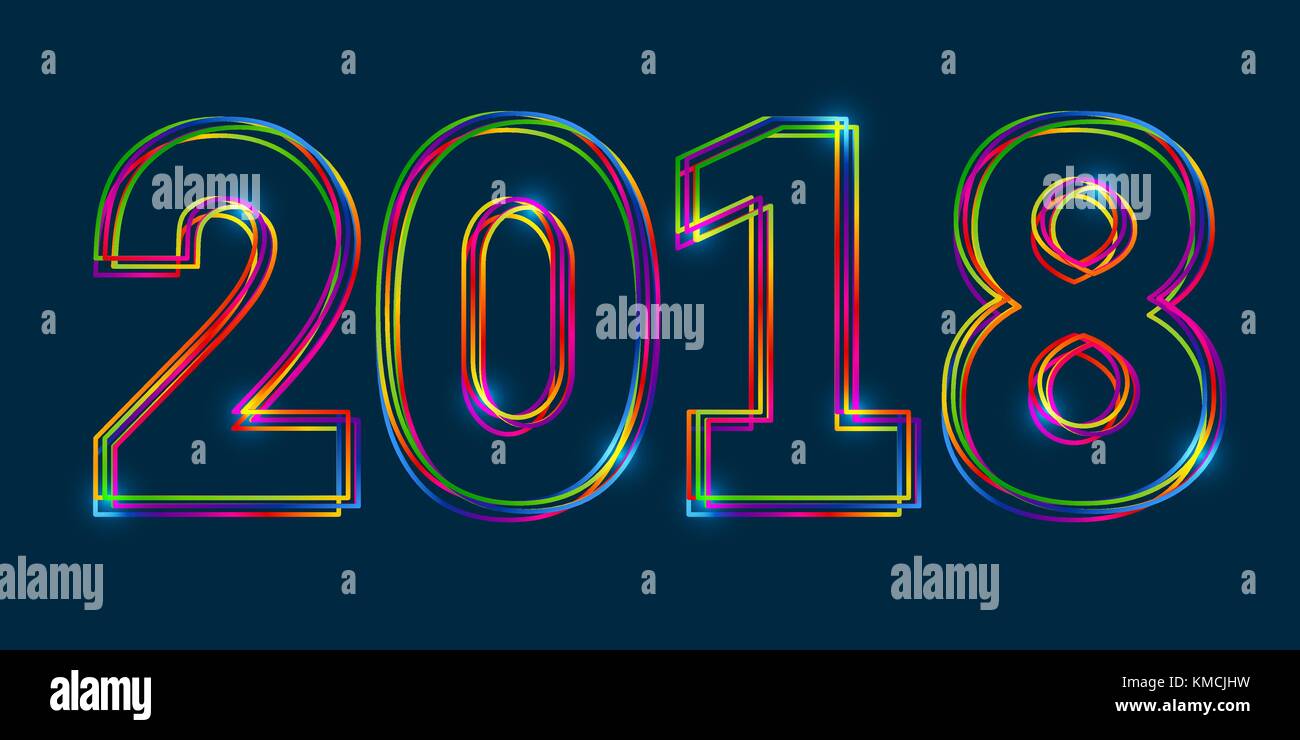 Creative vettoriale felice anno nuovo 2018 progetto costituito di contorno multicolore numeri con effetto brillante su sfondo blu. Illustrazione Vettoriale