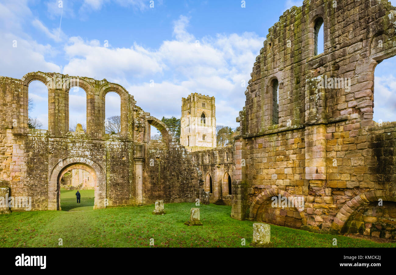 Le rovine dell'Abbazia di Fountains in una bella mattina di autunno come osservata attraverso il fiume Skell vicino a Ripon, nello Yorkshire, Regno Unito. Foto Stock