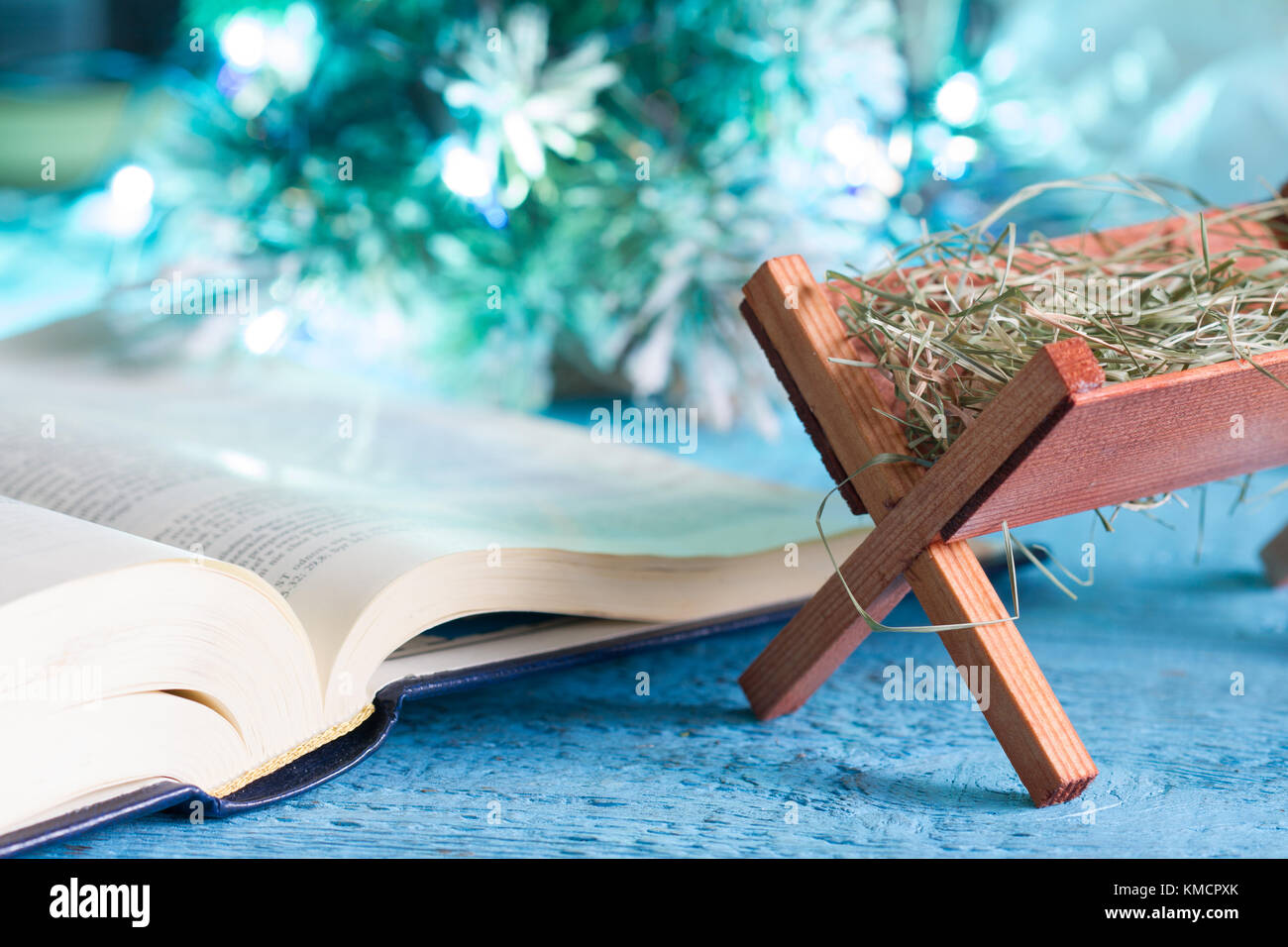 La Bibbia mangiatoia e scena nativo di natale astratto concetto di sfondo Foto Stock