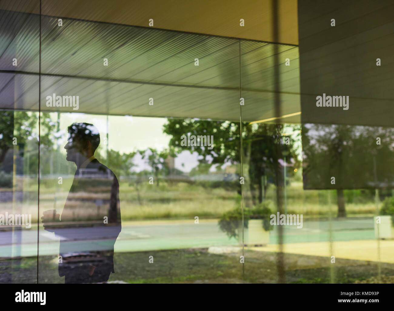 Uomo d'affari con vista sulla moderna finestra dell'ufficio Foto Stock