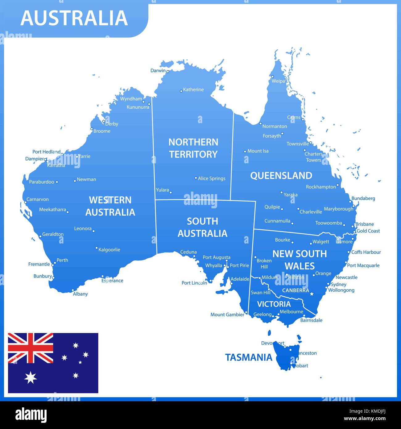 La mappa dettagliata dell'australia con le regioni o gli stati e le città capitali, bandiera nazionale Illustrazione Vettoriale