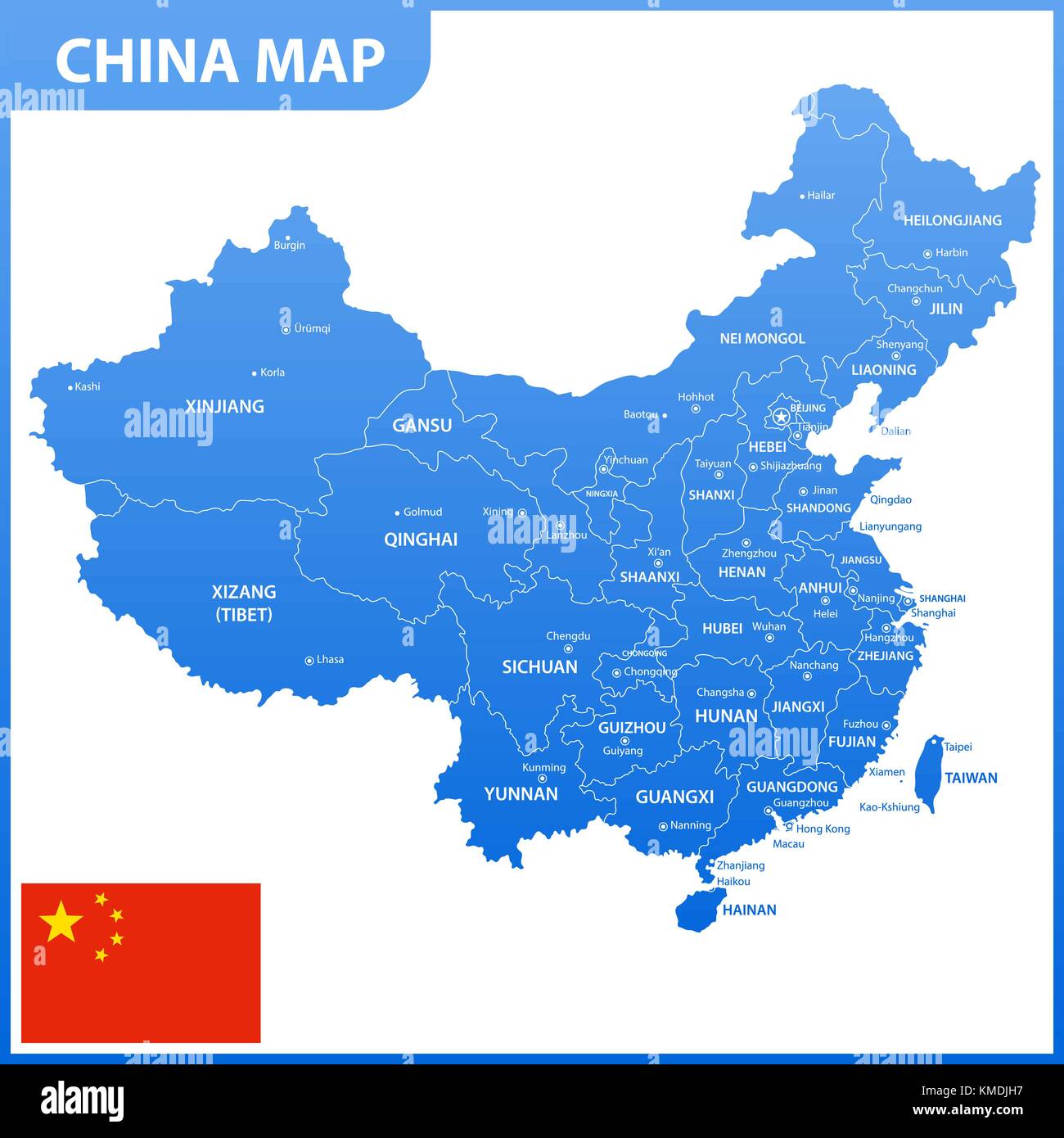 La mappa dettagliata della Cina con le regioni o gli stati e le città capitali, bandiera nazionale Illustrazione Vettoriale