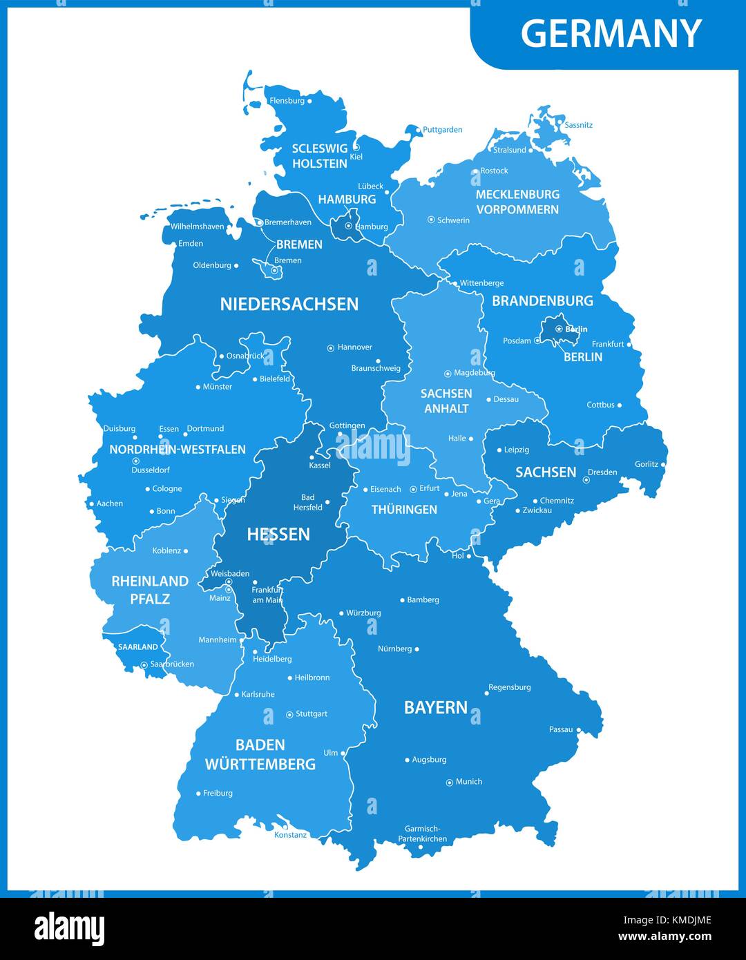 La mappa dettagliata della Germania con le regioni o gli stati e le città capitali Illustrazione Vettoriale