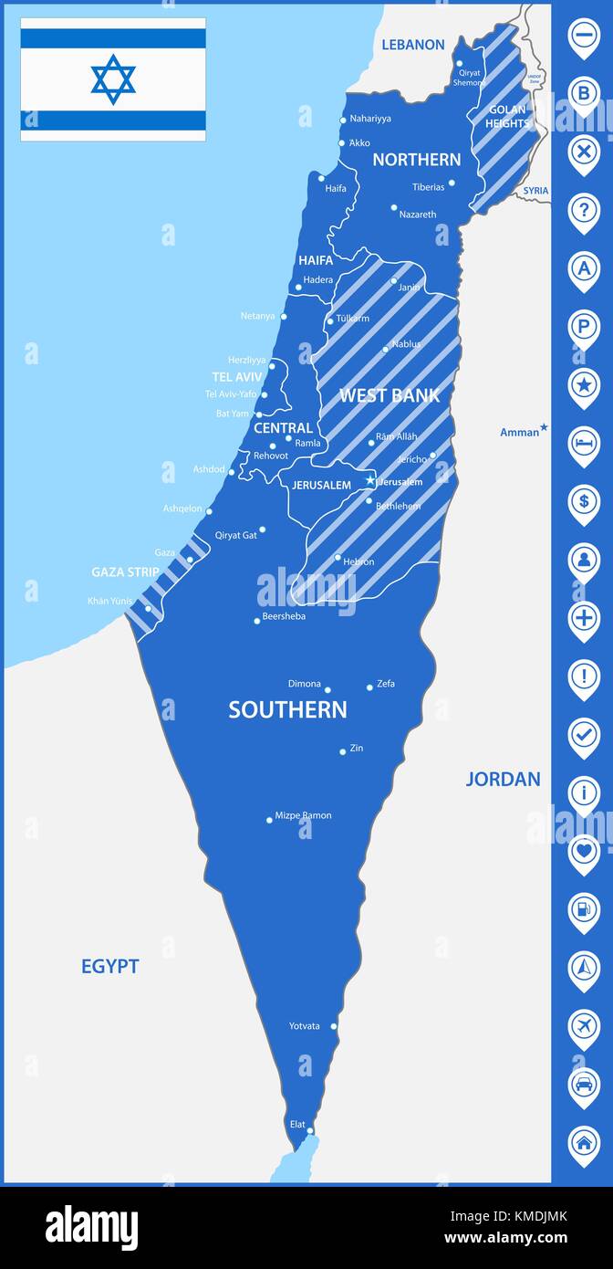 La mappa dettagliata di Israele con le regioni o gli stati e le città capitali. con perni di mappa o puntatori. posizionare i marcatori di posizione o segni Illustrazione Vettoriale