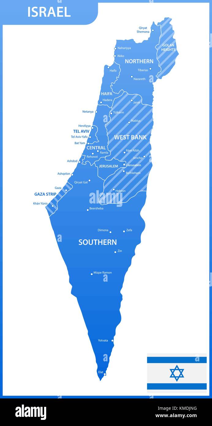 La mappa dettagliata di Israele con le regioni o gli stati e le città capitali, bandiera nazionale Illustrazione Vettoriale