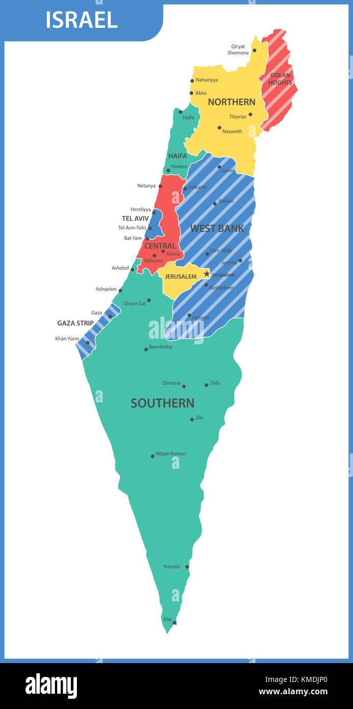 La mappa dettagliata di Israele con le regioni o gli stati e le città capitali Illustrazione Vettoriale