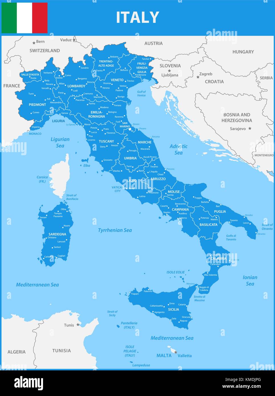 La mappa dettagliata dell'Italia con le regioni o gli stati e le città capitali. con gli oggetti sul mare e sulle isole. e delle parti di paesi vicini Illustrazione Vettoriale