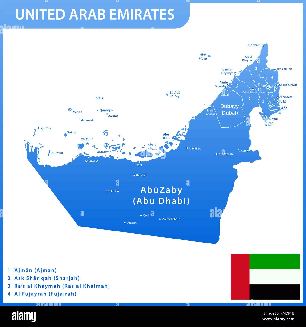 La mappa dettagliata degli emirati arabi uniti con le regioni o gli stati e le città capitali. emirati arabi uniti bandiera nazionale Illustrazione Vettoriale