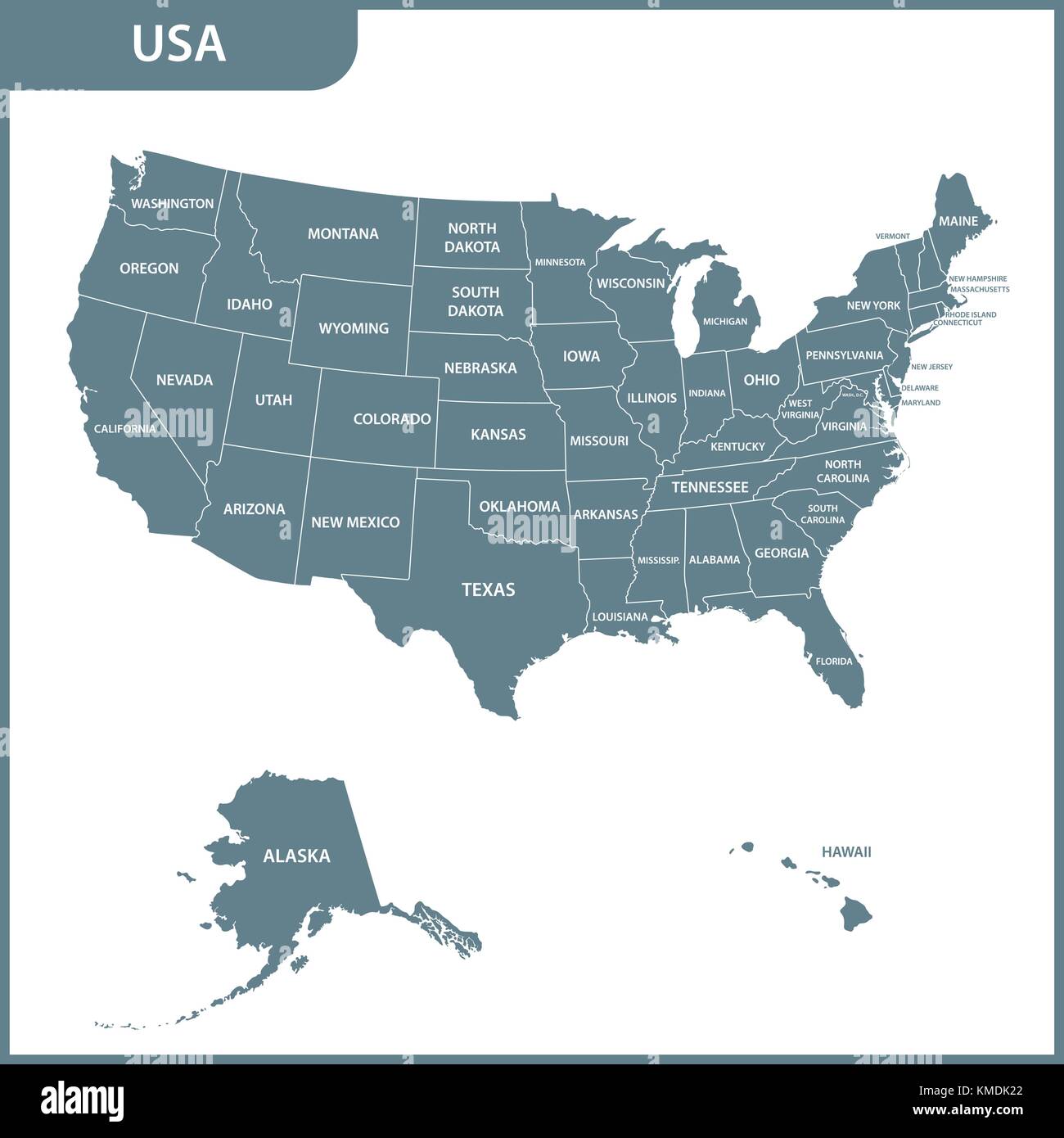 La mappa dettagliata degli stati uniti con le regioni. Stati Uniti d'America. Illustrazione Vettoriale