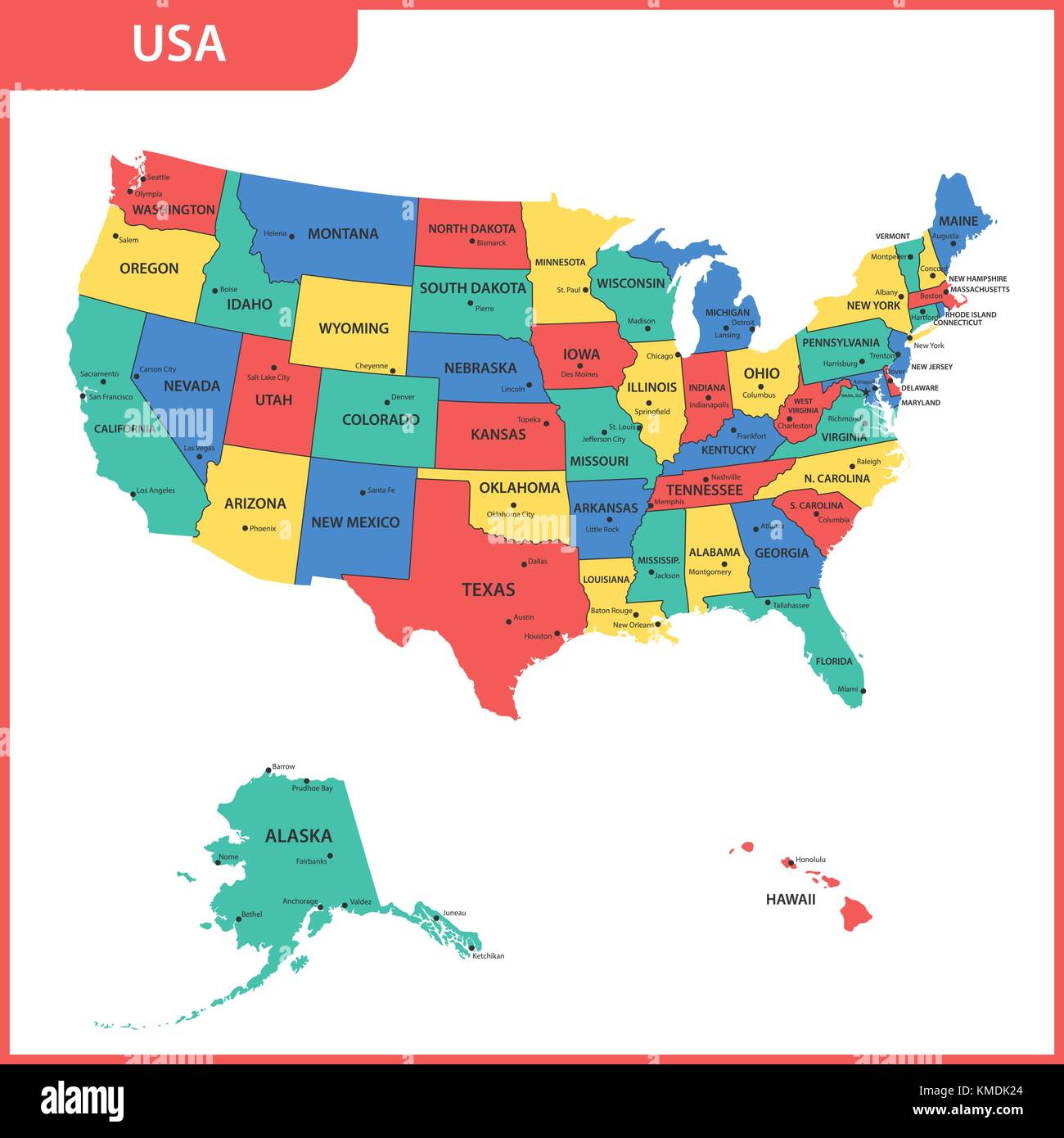 La mappa dettagliata degli stati uniti con le regioni o gli stati e le città capitali. Stati Uniti d'America Illustrazione Vettoriale