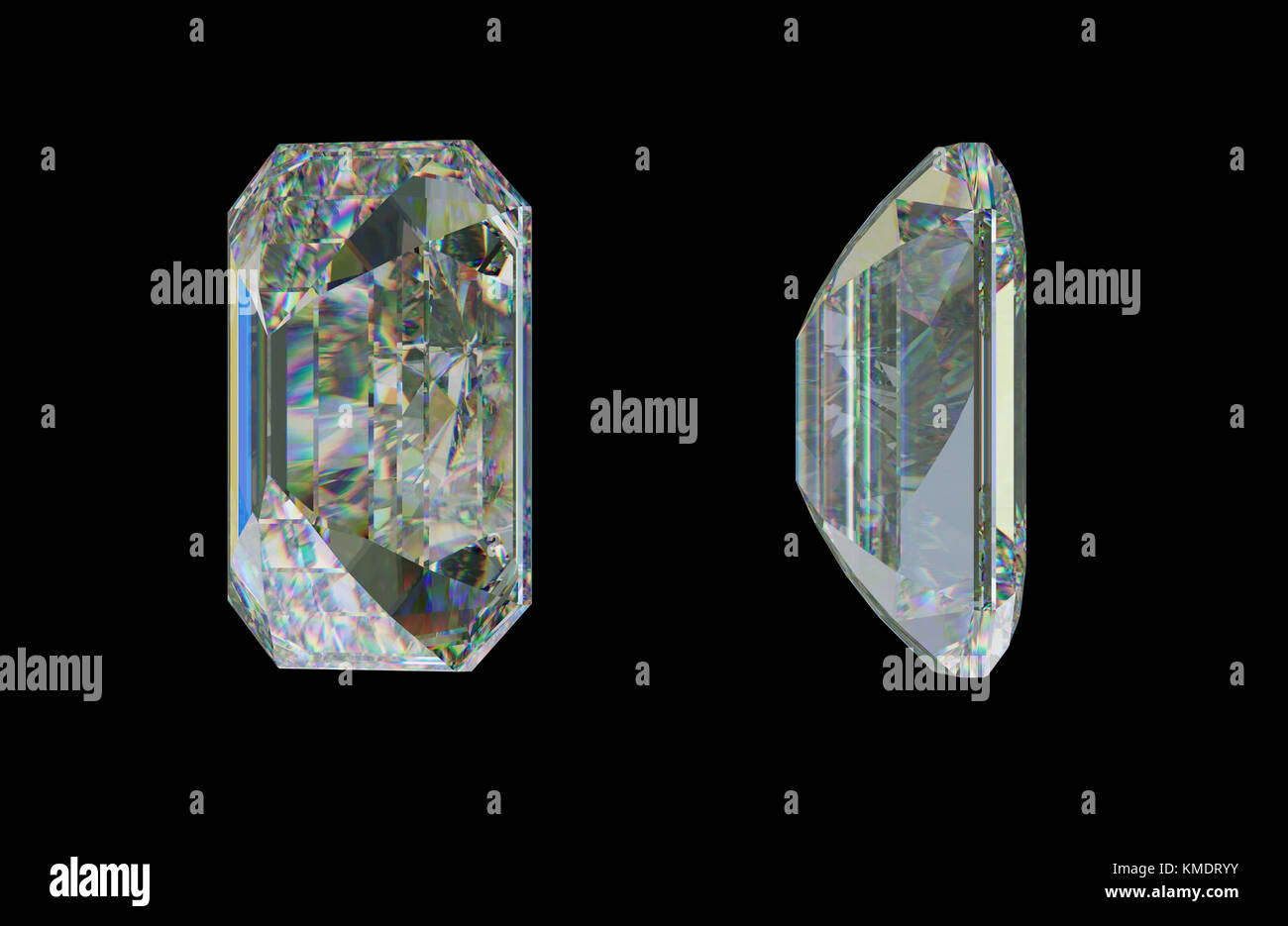 Viste laterali di taglio smeraldo diamante o gemma su nero. Il rendering 3d, 3d illustrazione Foto Stock