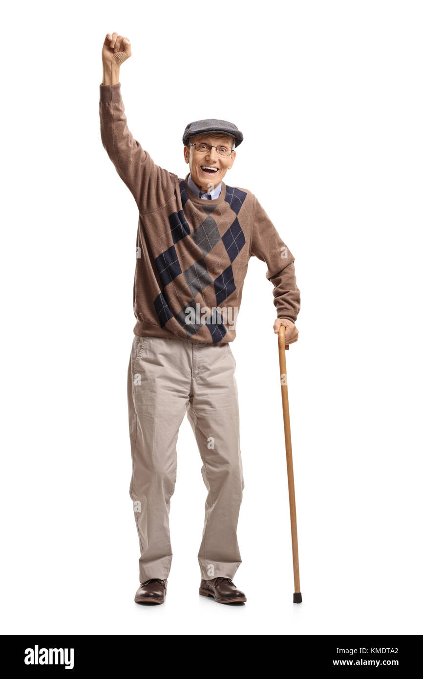 A piena lunghezza Ritratto di un senior con una canna gesticolando felicità isolati su sfondo bianco Foto Stock