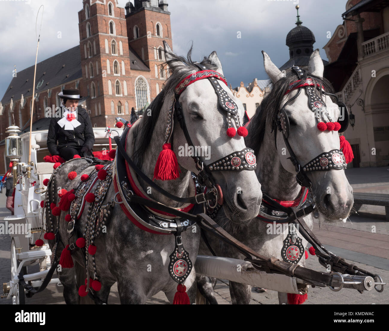 Cavallo e Carrozza per i turisti visite guidate al Rynek, Cracovia, in Polonia, in Europa. Foto Stock