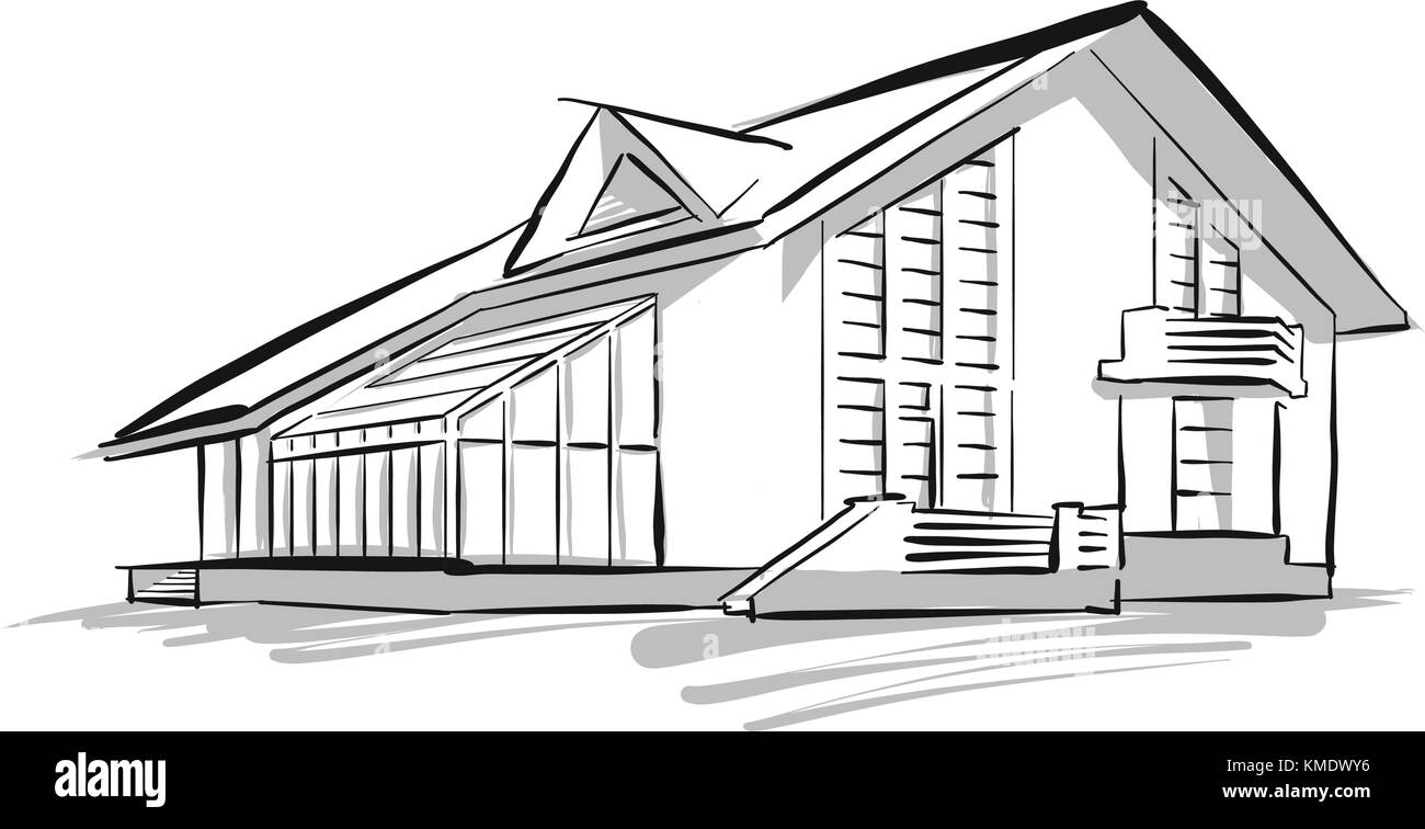 Townhouse schizzo concetto illustrazione, disegnati a mano immagine vettoriale. linee nere forme grigio Illustrazione Vettoriale