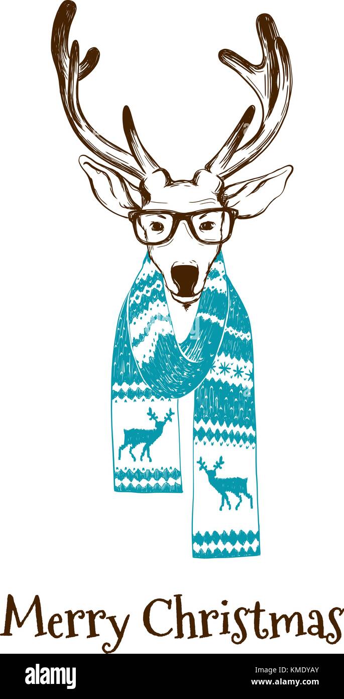 Ritratto di un natale renne vestito in un inverno sciarpa e hipster bicchieri. Illustrazione Vettoriale