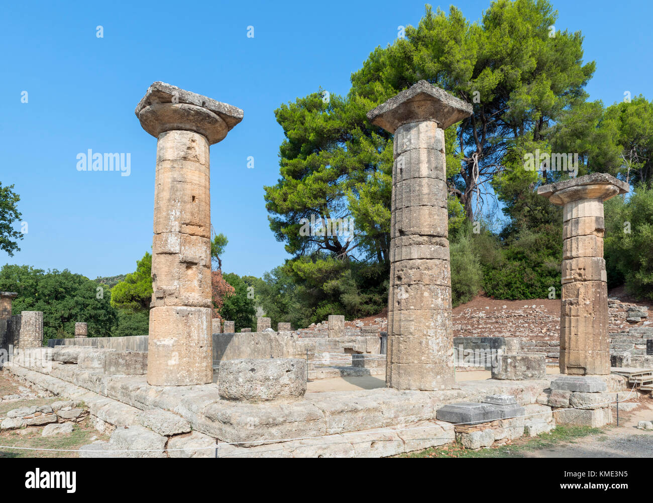 Il Tempio di Hera, Olympia, Pelopponese, Grecia Foto Stock