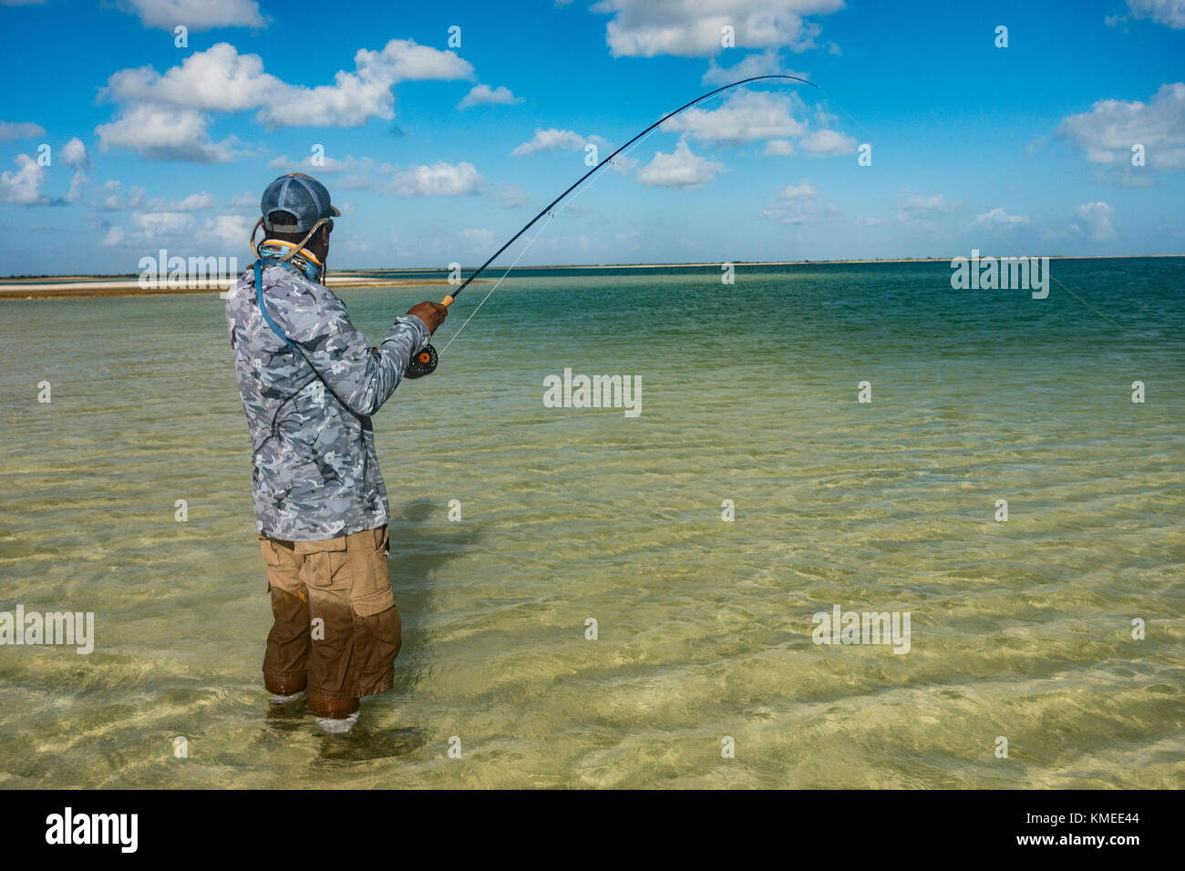 Bonefish sulla linea, atollo di Kiribati Foto Stock