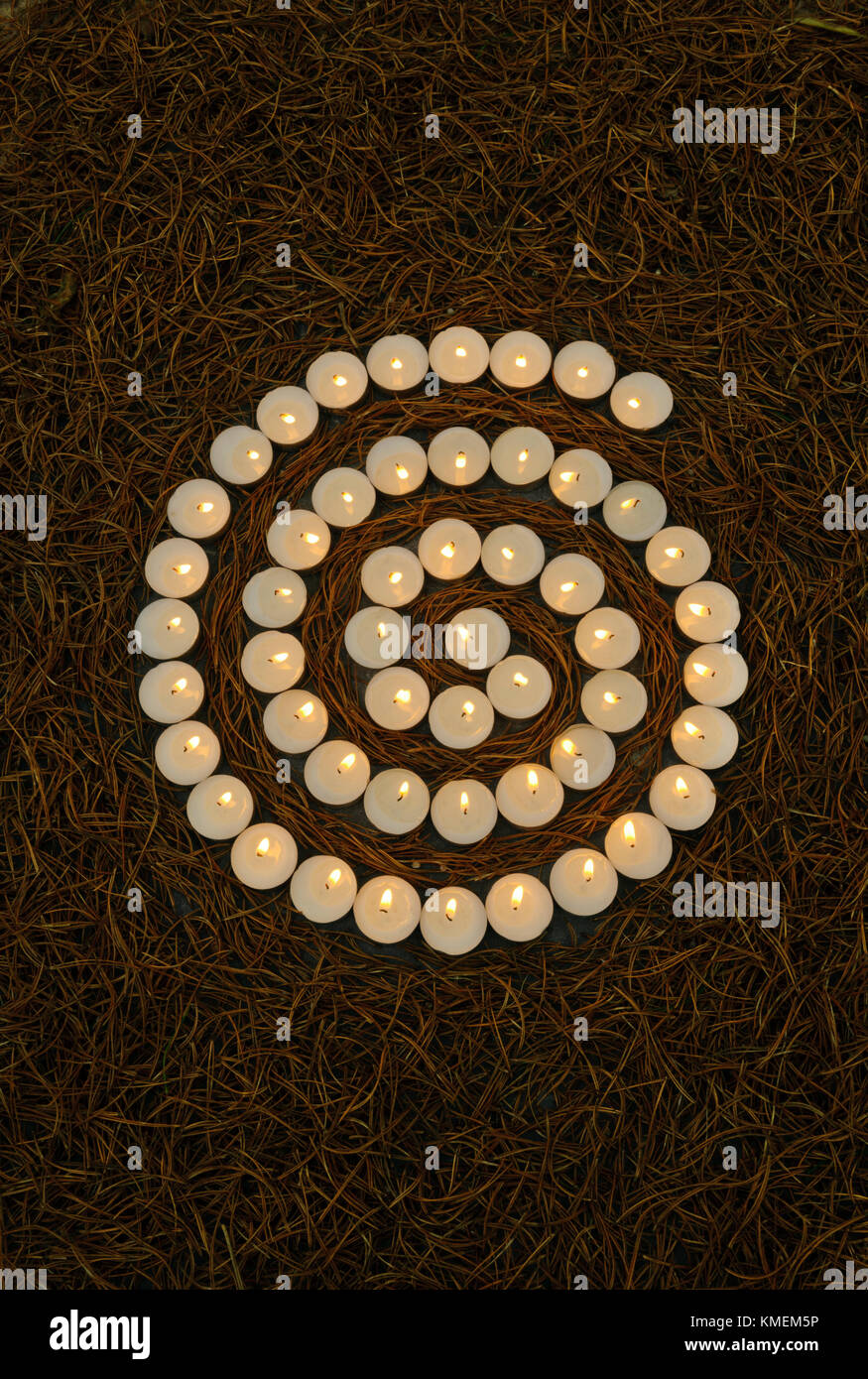 Spirale di tè accesa la luce delle candele sul secco di aghi di pino Foto Stock