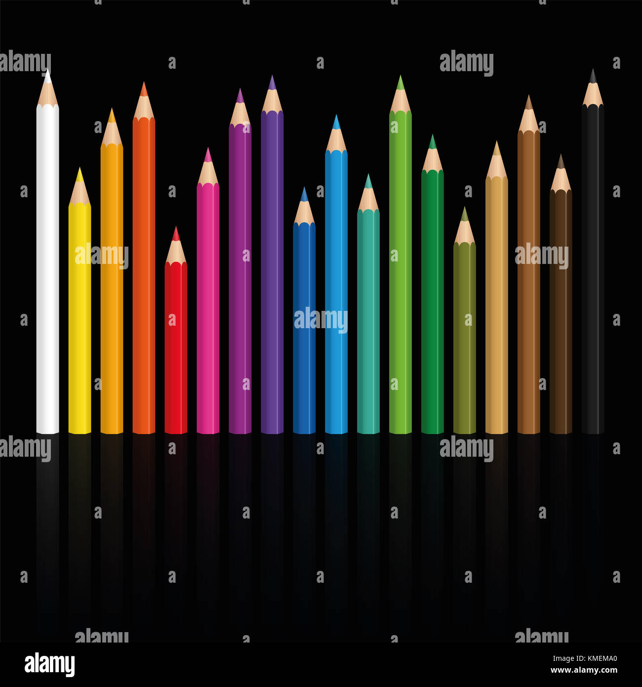 Matite colorate - set di matite in diverse lunghezze con legno textured suggerimenti, eretta in fila come una skyline della città di notte. Foto Stock