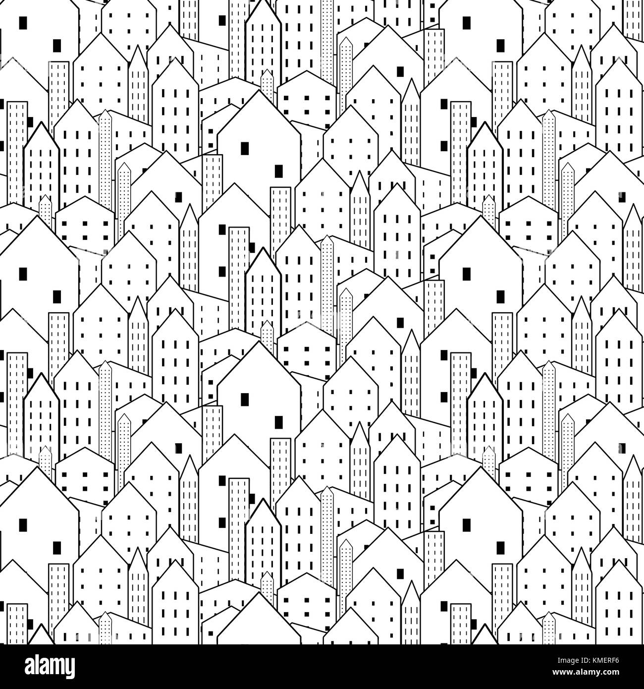 Città seamless pattern in bianco e nero è texture ripetitiva. Illustrazione Vettoriale