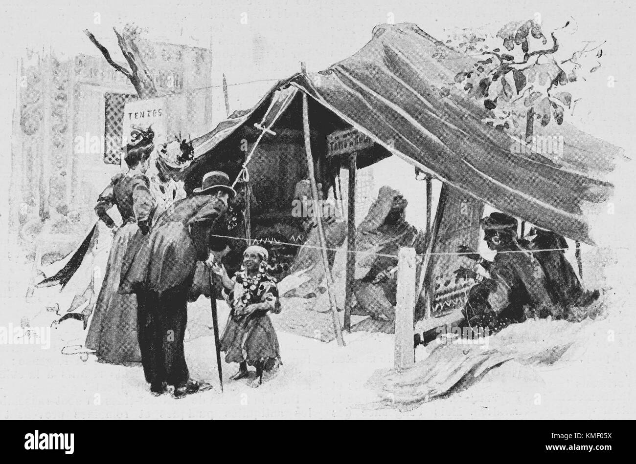 Padiglione tunisino, Carpet Weavers under a Tent, esposizione universale 1900 a Parigi, immagine dal quotidiano francese l'Illustration, 15 settembre 1900 Foto Stock