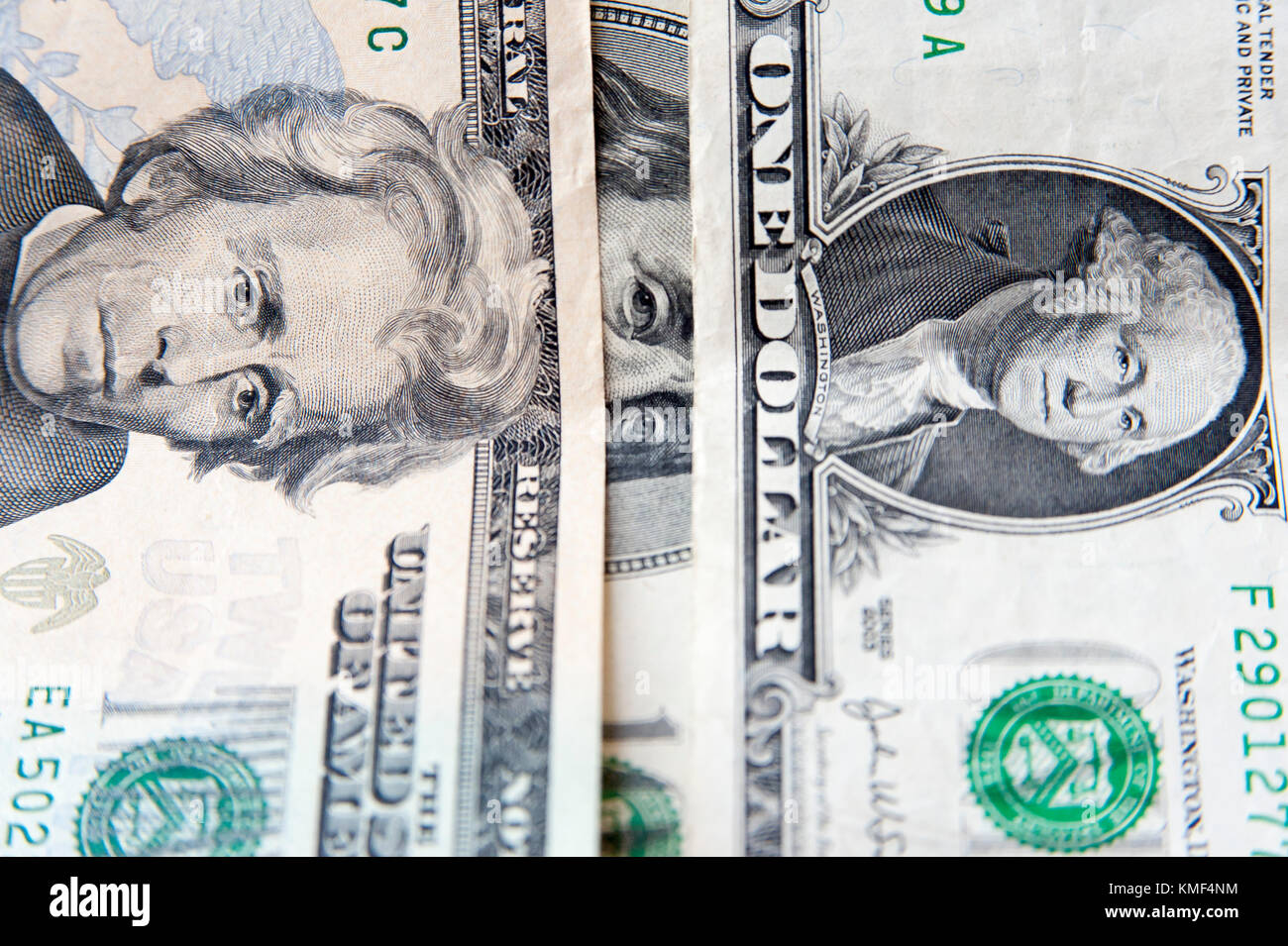 Gli Stati Uniti uno-dollaro ($1) con George Washington, Stati Uniti di venti dollari ($20) con Andrew Jackson e gli Stati Uniti sul Foto Stock