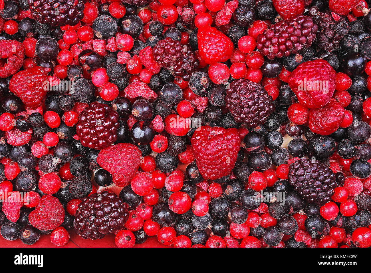 Di frutti di bosco misti congelati come sfondo. mirtilli,lamponi bacche nere e ribes texture di gelso pattern. Foto Stock