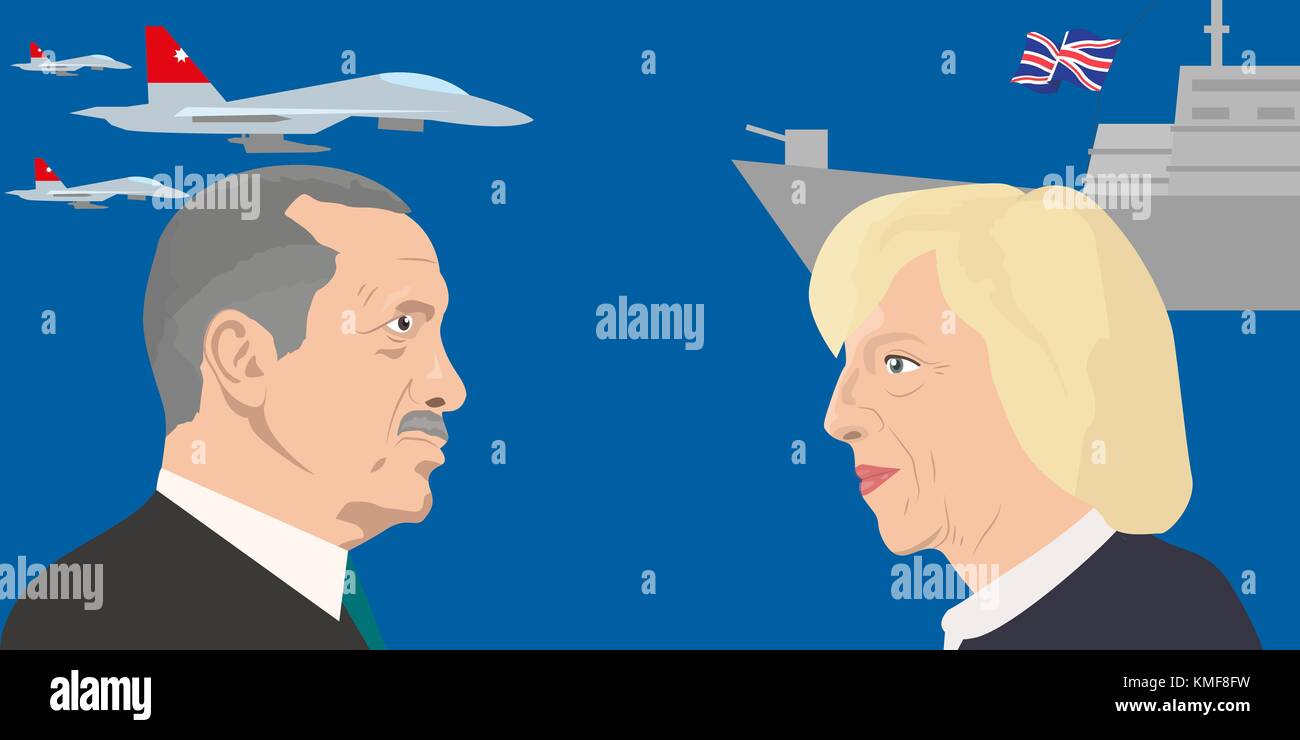 07.12.2018 llustrazione editoriale dei ritratti del presidente della Turchia Recep Erdogan e il primo ministro del Regno Unito Theresa Maggio. Illustrazione Vettoriale