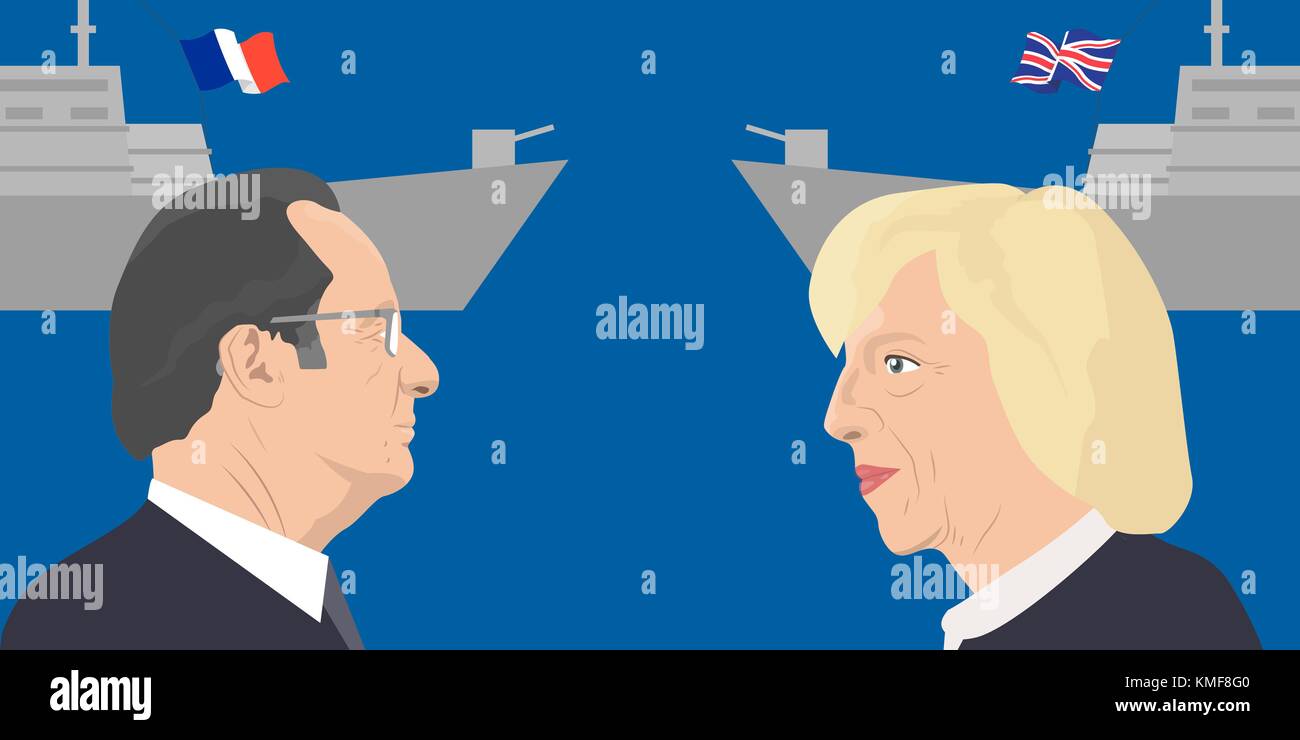07.12.2018 llustrazione editoriale dei ritratti della repubblica francese ex-presidente francois hollande e il primo ministro del Regno Unito Illustrazione Vettoriale