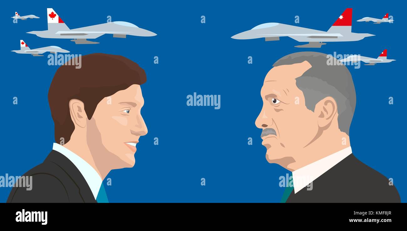 07.12.2018 llustrazione editoriale di ritratti del primo ministro del governo canadese justin trudeau e il presidente della Turchia Recep Erdogan Illustrazione Vettoriale