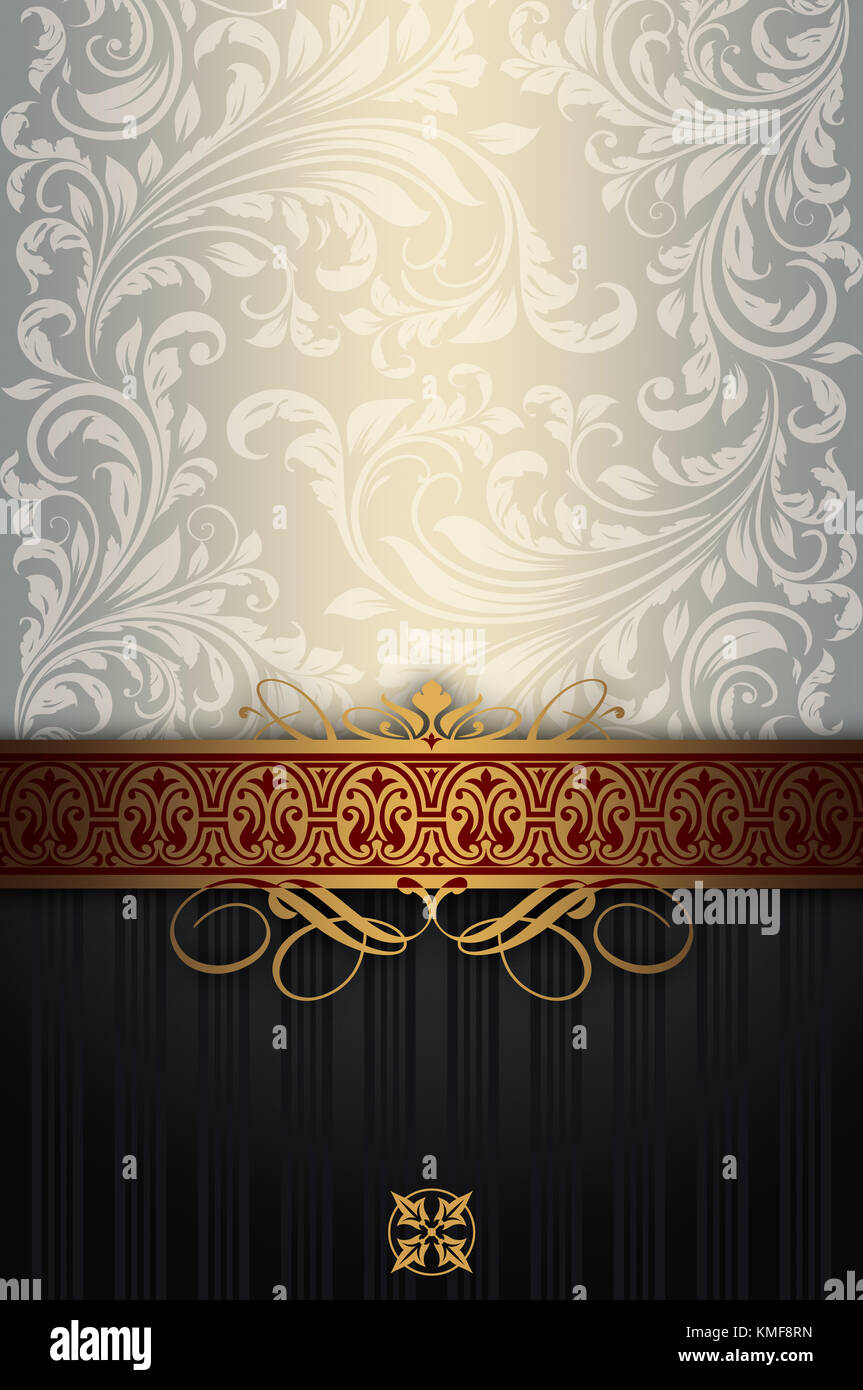Sfondo vintage decorativo con motivi floreali e bordi ornamentali dorati. Foto Stock