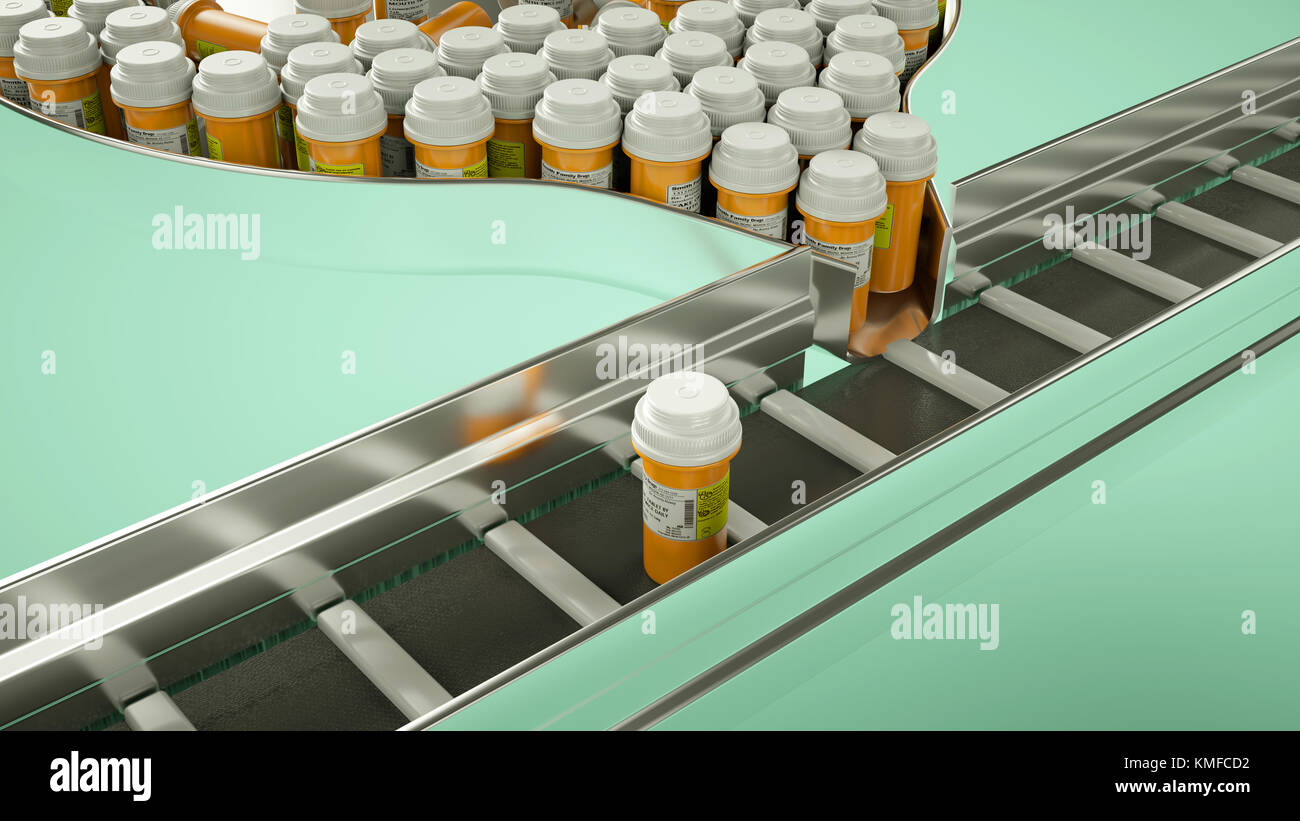 Droghe e pillole di linea di produzione. la farmacia e la medicina (rendering personalizzato e didascalia con il tipo personalizzato e lettere) Foto Stock