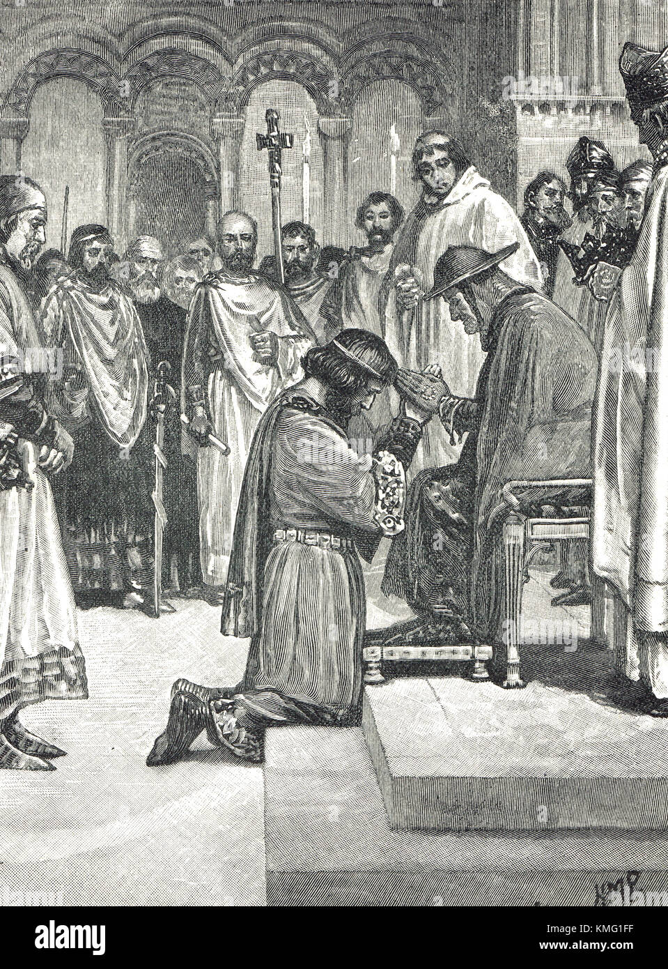 Il re Giovanni rende omaggio al legato del Papa Innocenzo III nel 1213 Foto Stock