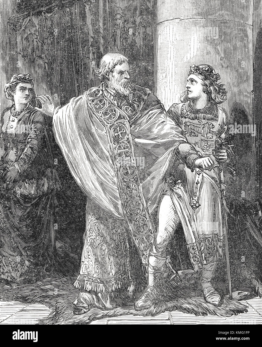 Dunstan rimproverò Edwy in presenza di Elgiva, giorno dell'incoronazione, 955 d.C. Foto Stock